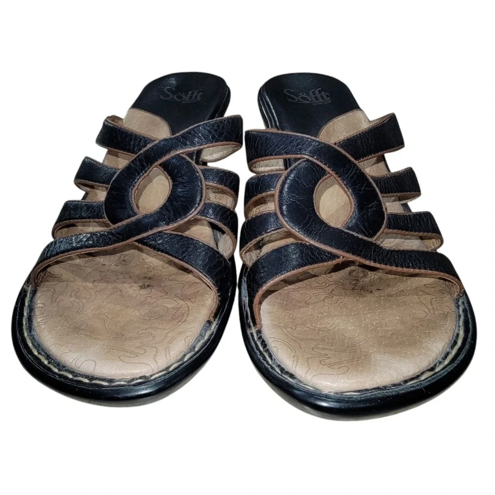 Sofft Women's Sandal Strappy‎ Slide Mule Black Leather Wedge Heel Size 9 M